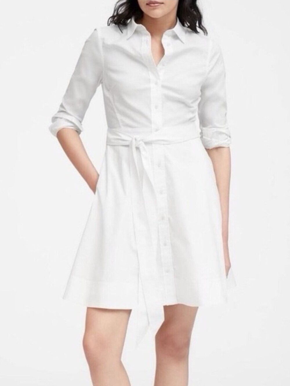 Banana Republic White Cotton Poplin Belted Shirt Dress,  Size 4 - Picture 2 of 8